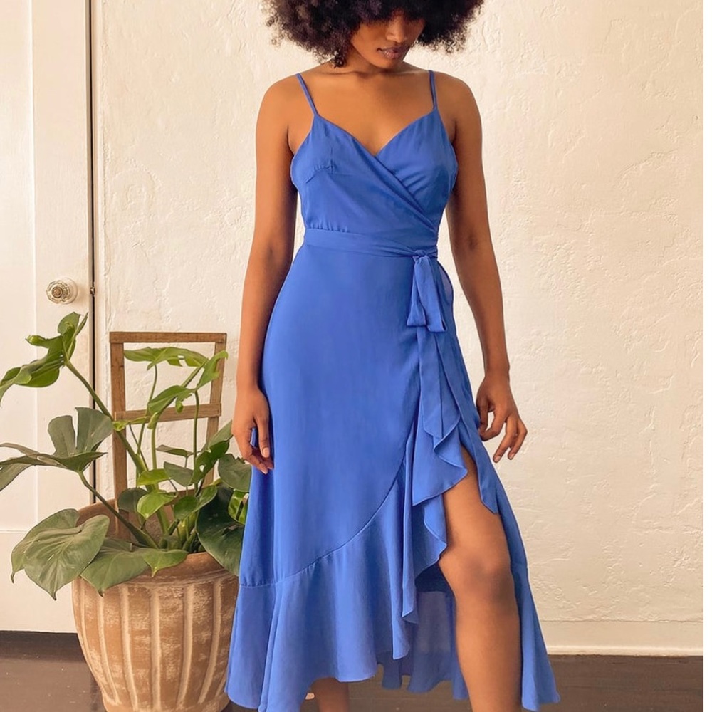 Manhattan Moment Blue Ruffled Midi Wrap Dress